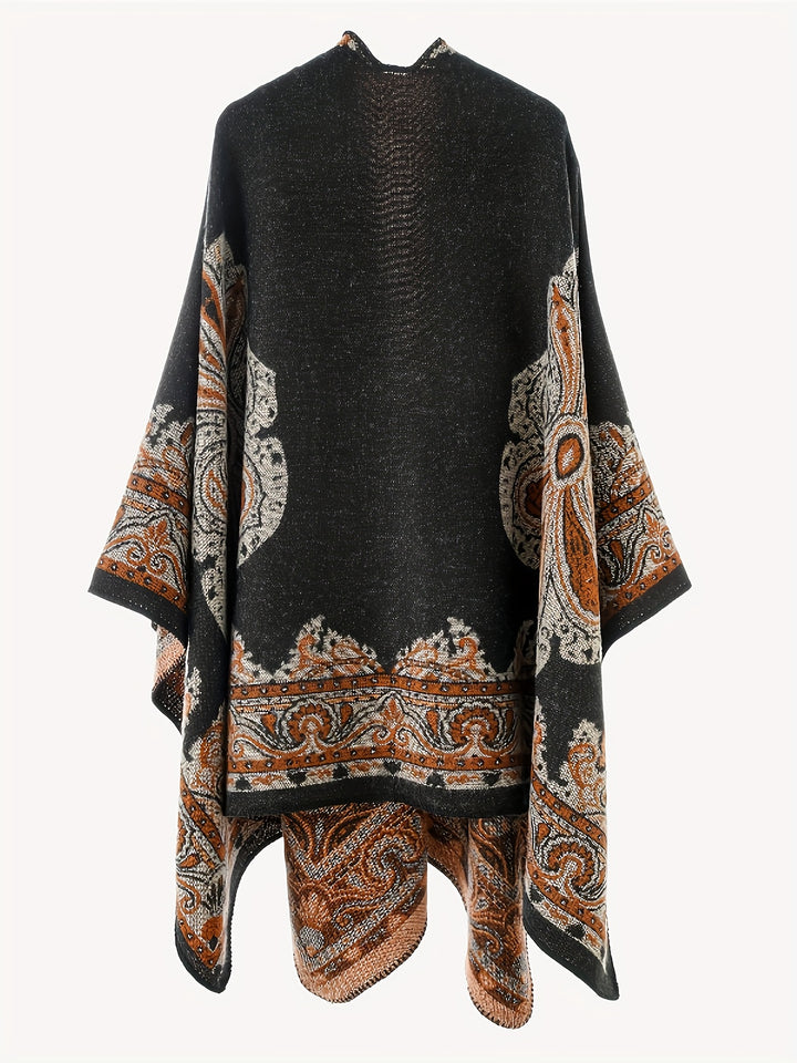 Women's Elegant Scottish Paisley Print Wrap Shawl Coat - Asymmetrical Long Sleeve All-Season Outerwear, Green & Brown Tartan Pattern, Versatile Travel & Formal Attire, Hand Washable Luxury Wrap Dress Accessory, Paisley Design with Green, Brown, and Golden