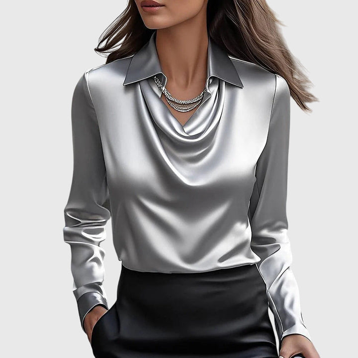 Sylvie | Luxe Shiny Blouse with Pleated Neckline