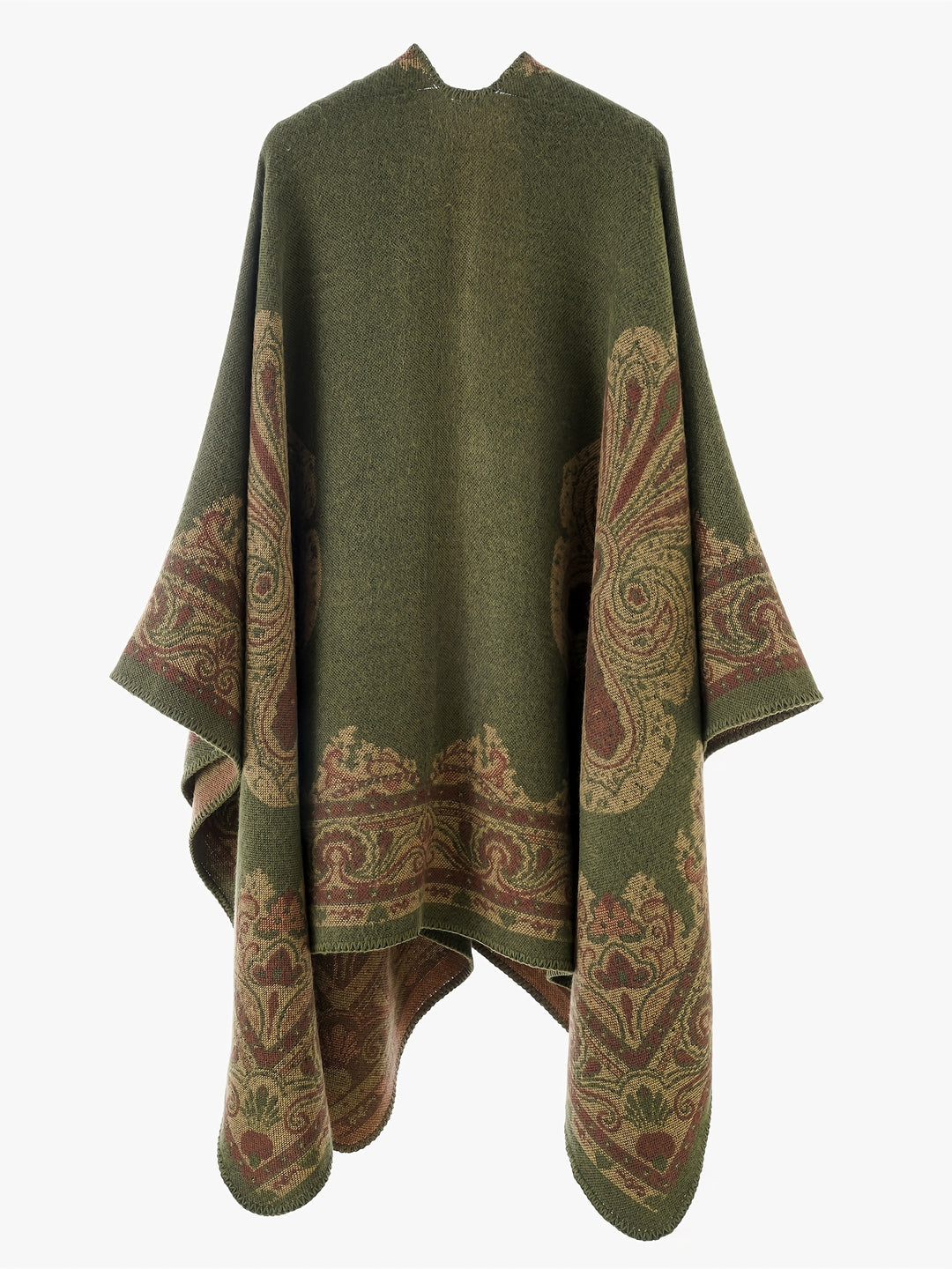 Women's Elegant Scottish Paisley Print Wrap Shawl Coat - Asymmetrical Long Sleeve All-Season Outerwear, Green & Brown Tartan Pattern, Versatile Travel & Formal Attire, Hand Washable Luxury Wrap Dress Accessory, Paisley Design with Green, Brown, and Golden