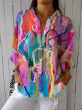Women's Artistic Abstract Blotch Graffiti Print Casual Linen V-neck Shirt