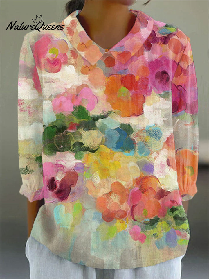 Women's  Floral Art Print Casual Cotton And Linen 3/4 Sleeve Shirt