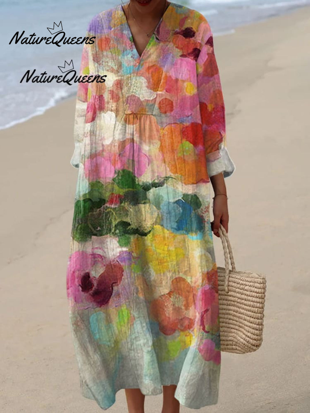 Women's  Floral Art Print Casual Cotton And Linen 3/4 Sleeve Shirt