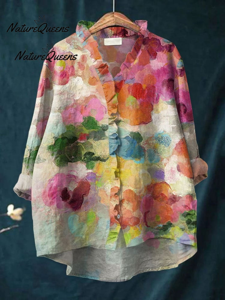 Women's  Floral Art Print Casual Cotton And Linen 3/4 Sleeve Shirt