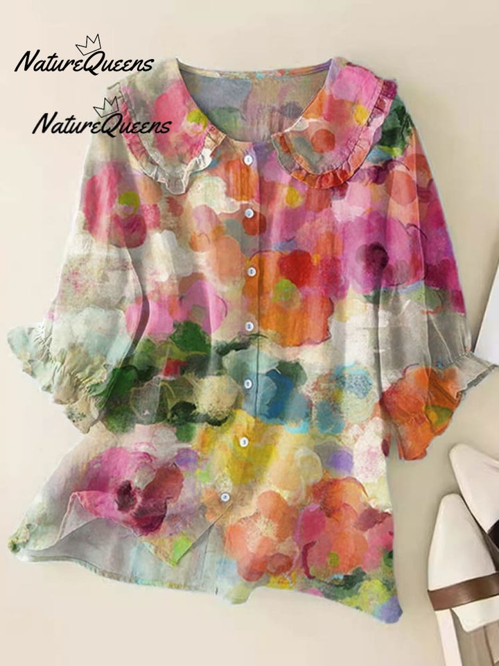 Women's  Floral Art Print Casual Cotton And Linen 3/4 Sleeve Shirt