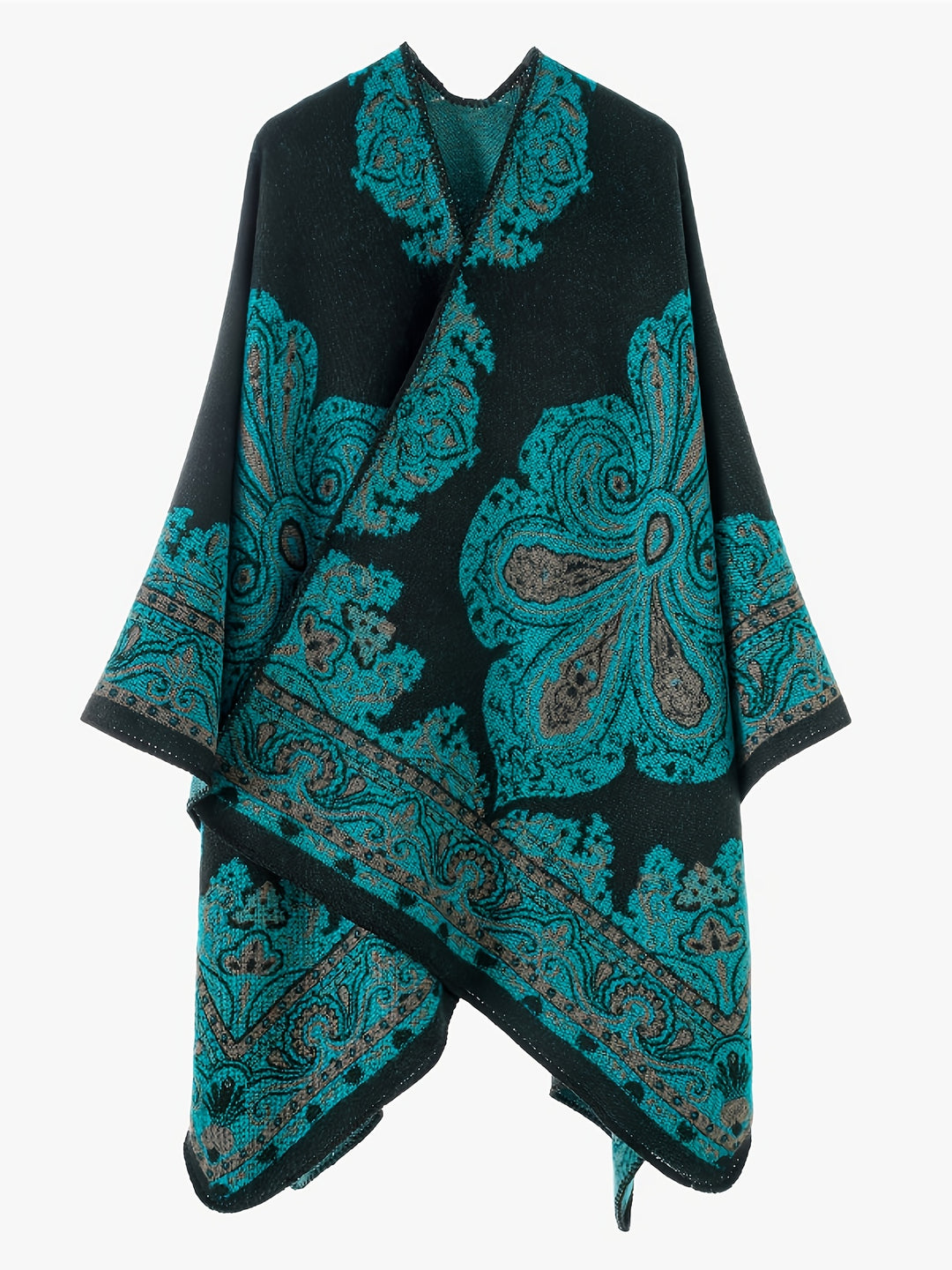 Women's Elegant Scottish Paisley Print Wrap Shawl Coat - Asymmetrical Long Sleeve All-Season Outerwear, Green & Brown Tartan Pattern, Versatile Travel & Formal Attire, Hand Washable Luxury Wrap Dress Accessory, Paisley Design with Green, Brown, and Golden