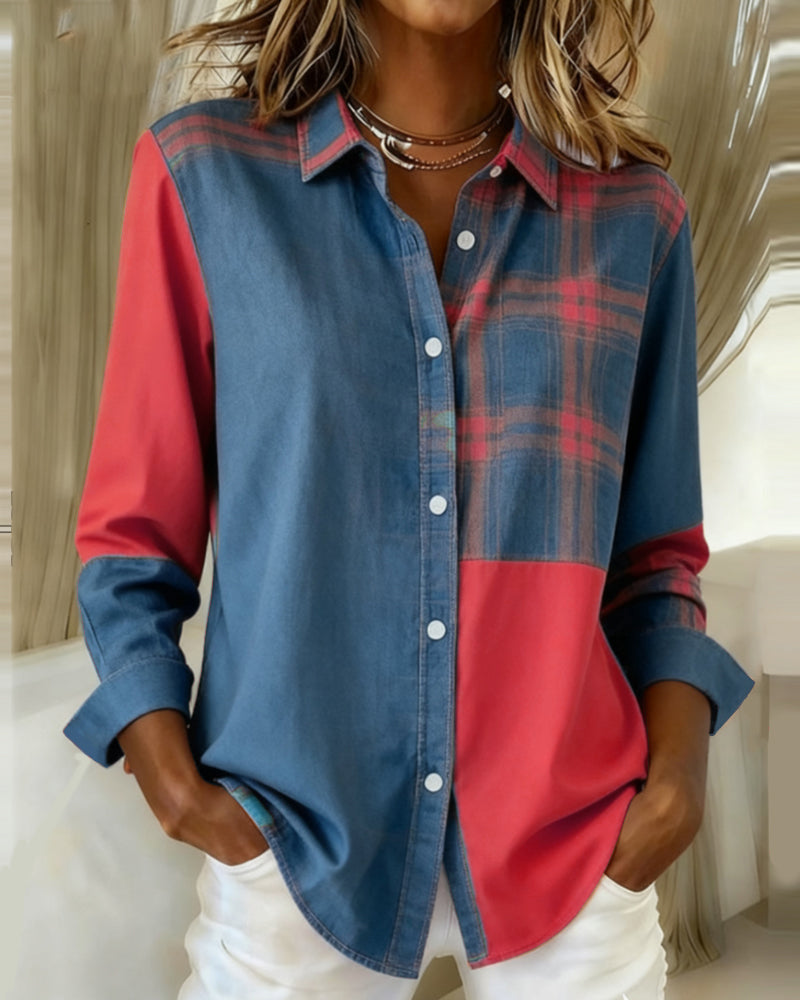 Cynthia® | Shirt with Notched Collar and Checked Contrast Design
