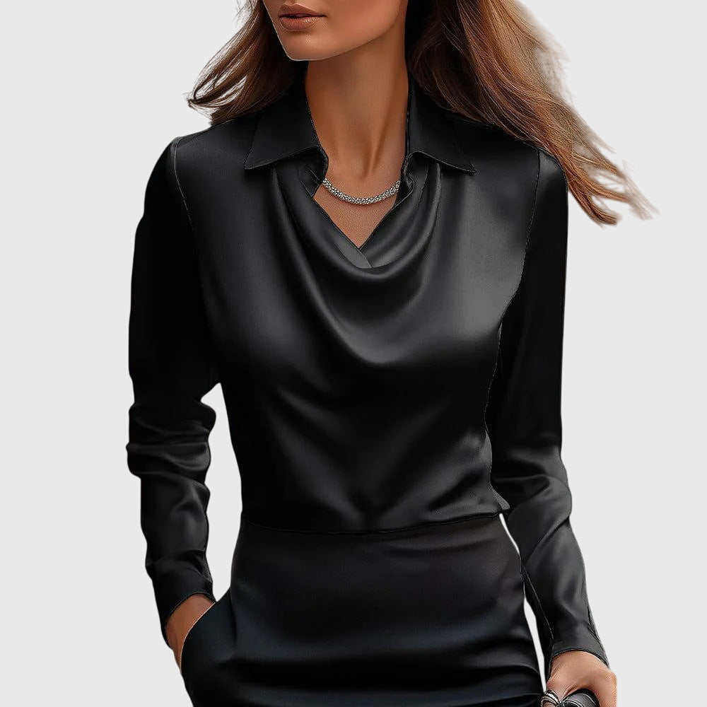 Sylvie | Luxe Shiny Blouse with Pleated Neckline