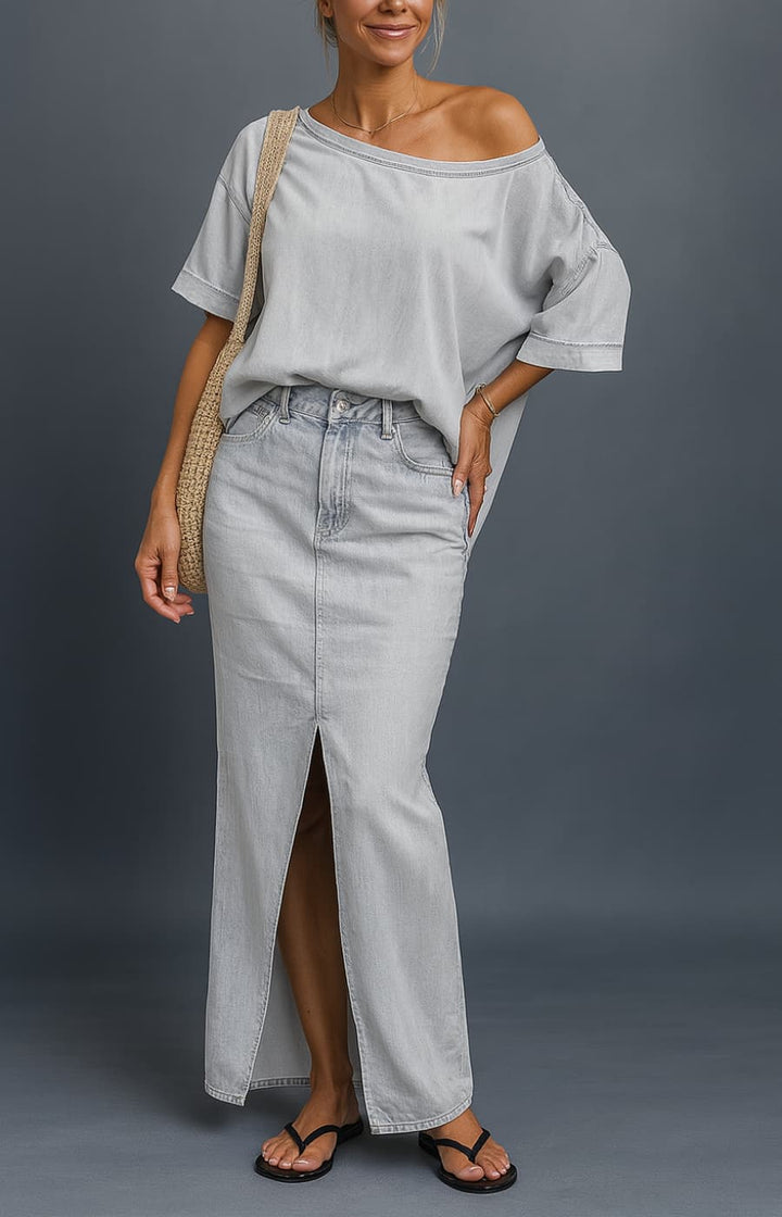 ARIANNA | CONJUNTO VAQUERO CON HOMBRO ASIMÉTRICO Y RAJAS ELEGANTES