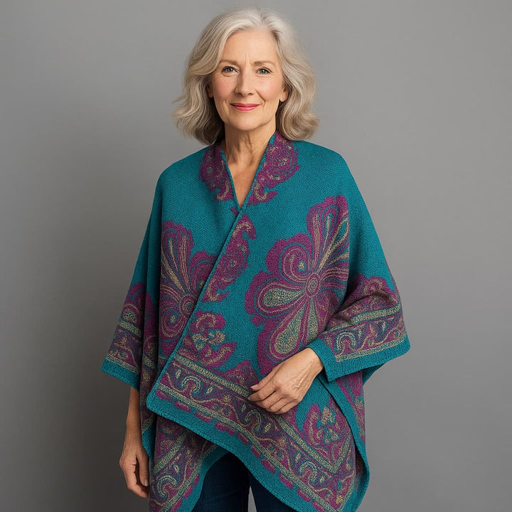 Women's Elegant Scottish Paisley Print Wrap Shawl Coat - Asymmetrical Long Sleeve All-Season Outerwear, Green & Brown Tartan Pattern, Versatile Travel & Formal Attire, Hand Washable Luxury Wrap Dress Accessory, Paisley Design with Green, Brown, and Golden