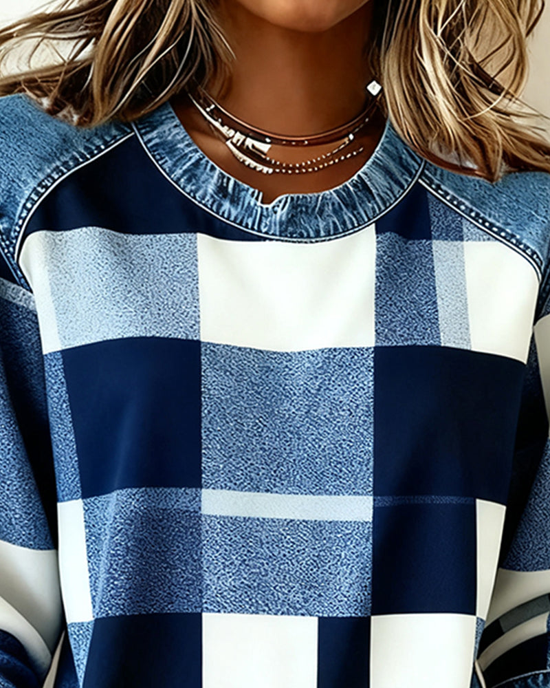 Joyce® | Sweatshirt with Check Patchwork and Contrast Color