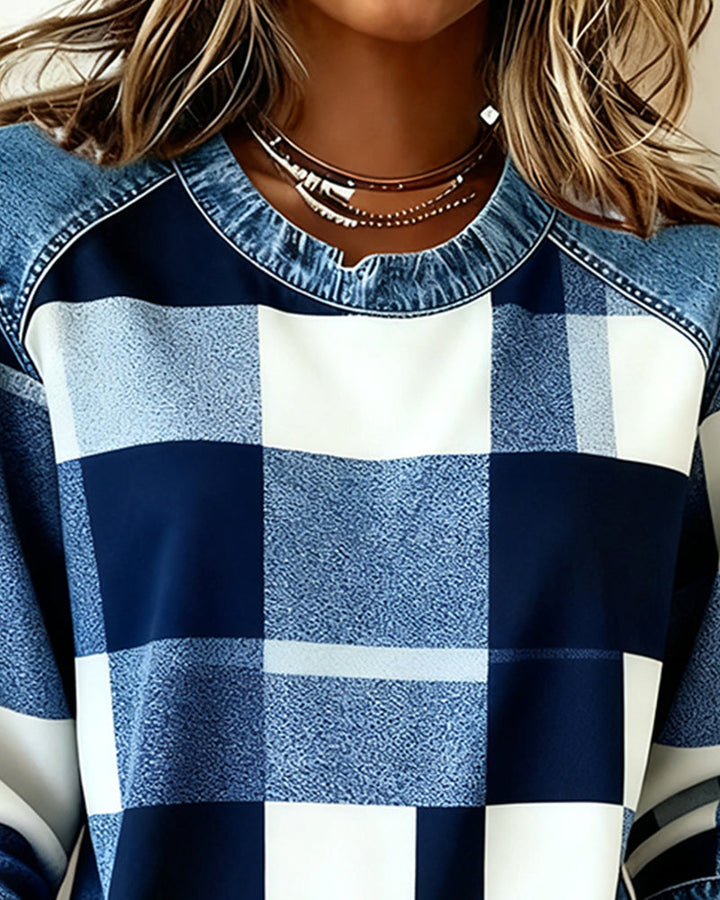 Joyce® | Sweatshirt with Check Patchwork and Contrast Color