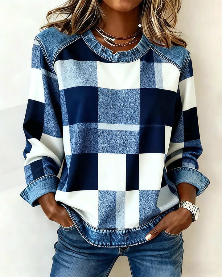 Joyce® | Sweatshirt with Check Patchwork and Contrast Color