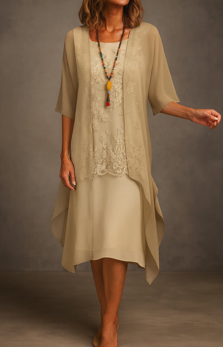 AURORA | VESTIDO CON ENCAJE Y ESTOLA FLUIDA