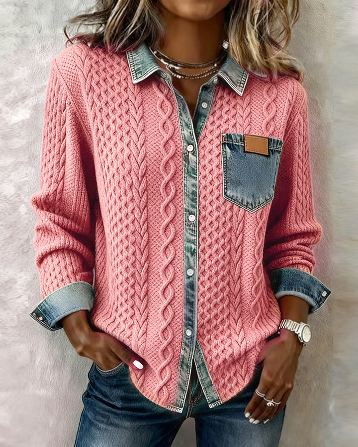 Grace - Denim-Accented Cable Knit Blouse