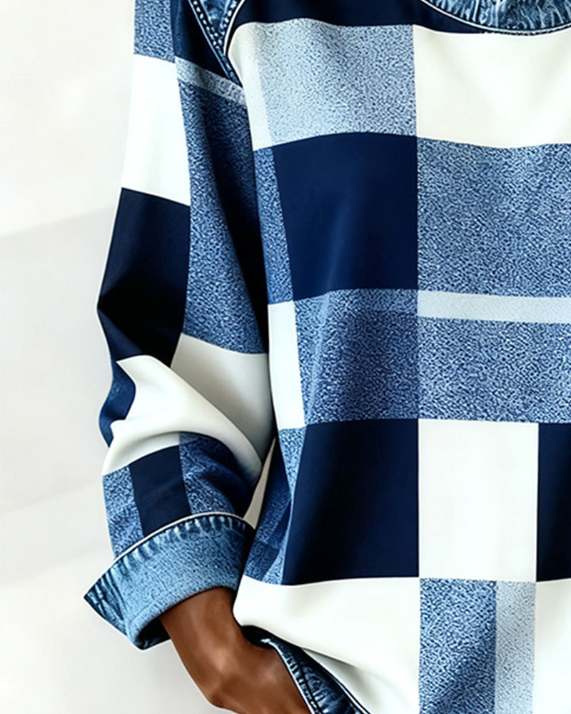 Joyce® | Sweatshirt with Check Patchwork and Contrast Color