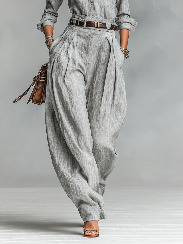 Women's Cotton-linen Blend Long-sleeved Shirt And Trousers Two-piece Set (belt Not Included)MDA3105G6Y