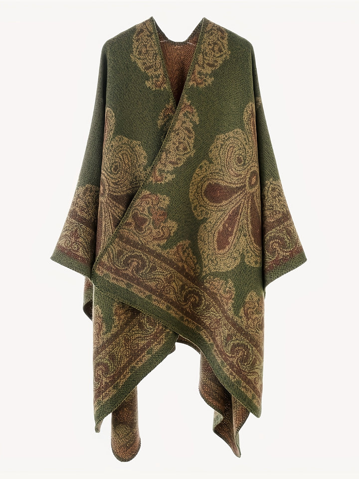 Women's Elegant Scottish Paisley Print Wrap Shawl Coat - Asymmetrical Long Sleeve All-Season Outerwear, Green & Brown Tartan Pattern, Versatile Travel & Formal Attire, Hand Washable Luxury Wrap Dress Accessory, Paisley Design with Green, Brown, and Golden