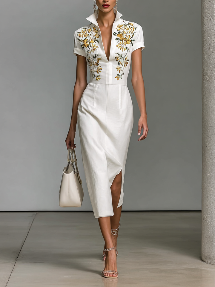 Women's Embroidered V-Neck Short Sleeve Waist Midi Dress MDA0535G0Y