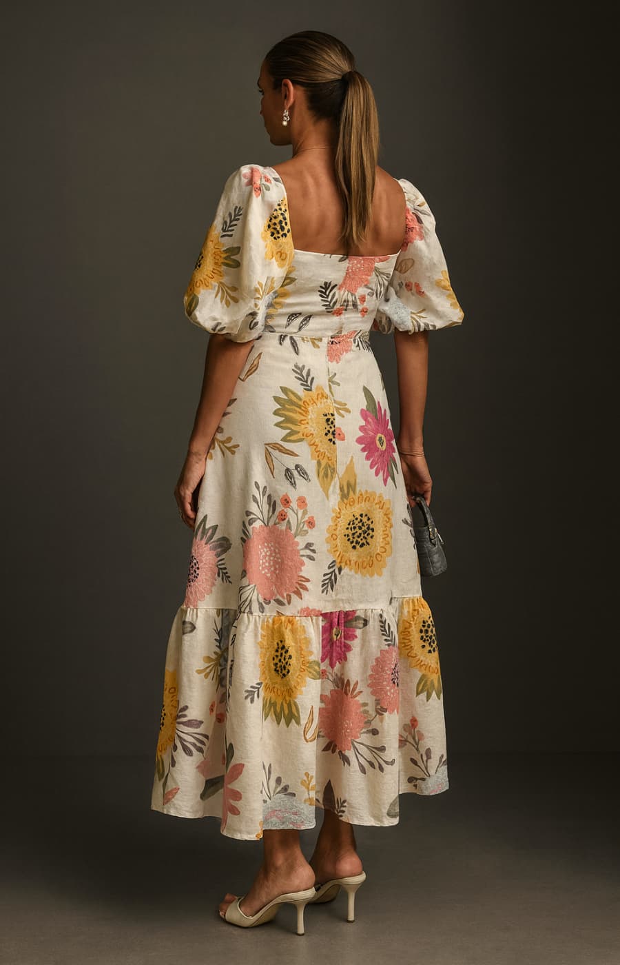 ALA | VESTIDO MIDI FLORAL CON MANGAS ABULLONADAS