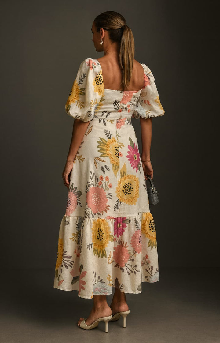 ALA | VESTIDO MIDI FLORAL CON MANGAS ABULLONADAS