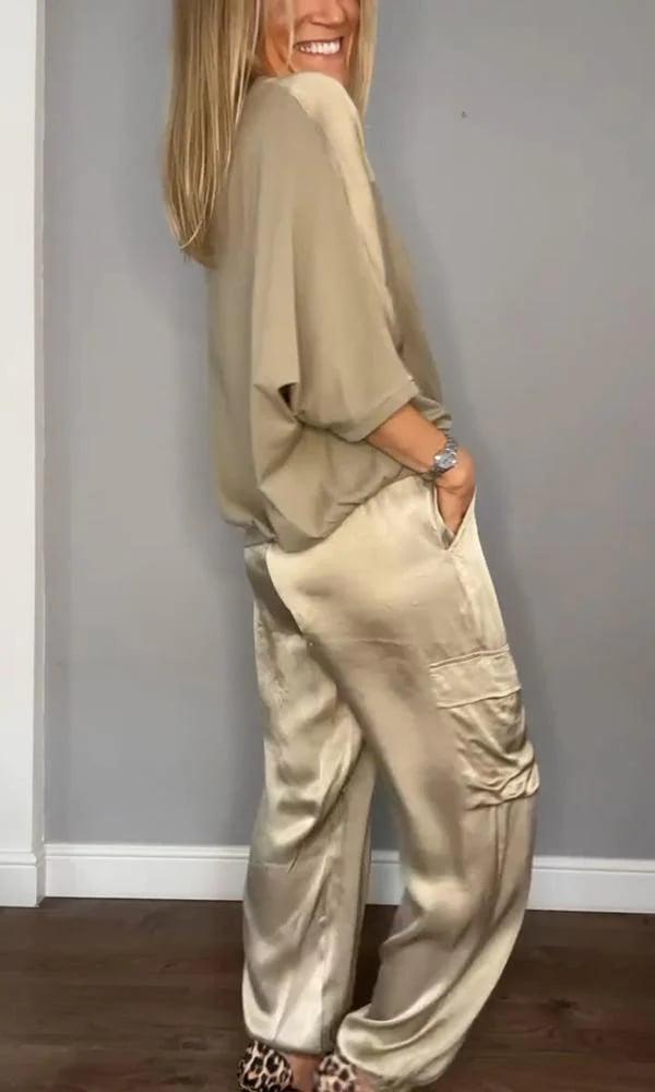 👗Smooth Satin Half-sleeved Top and Pants Set💝 - khaki / S/UK 6-8