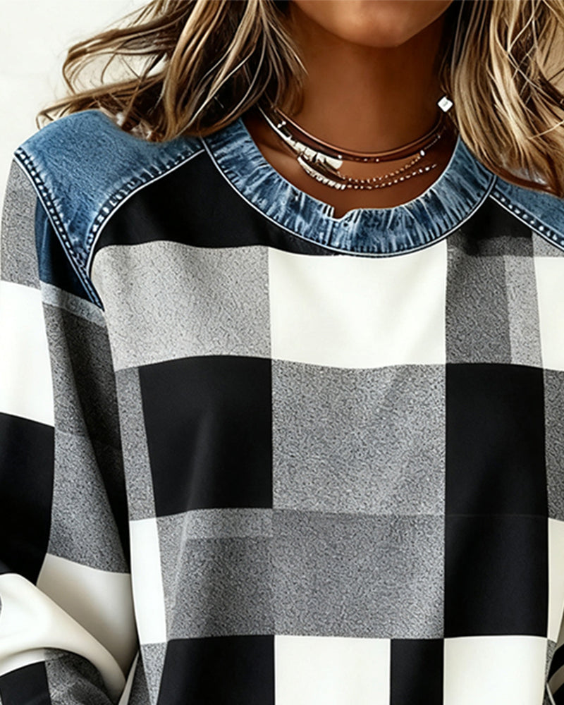 Joyce® | Sweatshirt with Check Patchwork and Contrast Color