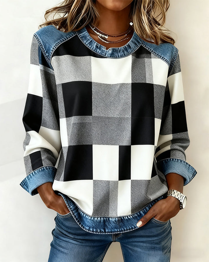 Joyce® | Sweatshirt with Check Patchwork and Contrast Color