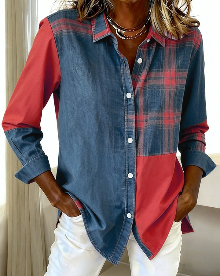 Cynthia® | Shirt with Notched Collar and Checked Contrast Design
