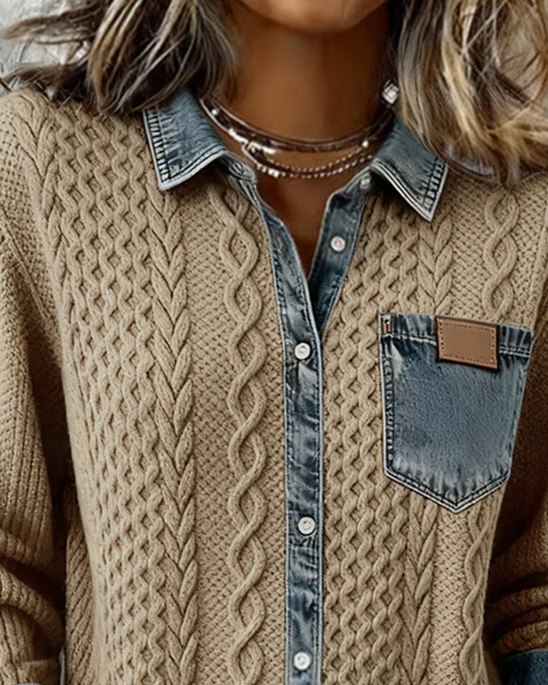 Grace - Denim-Accented Cable Knit Blouse