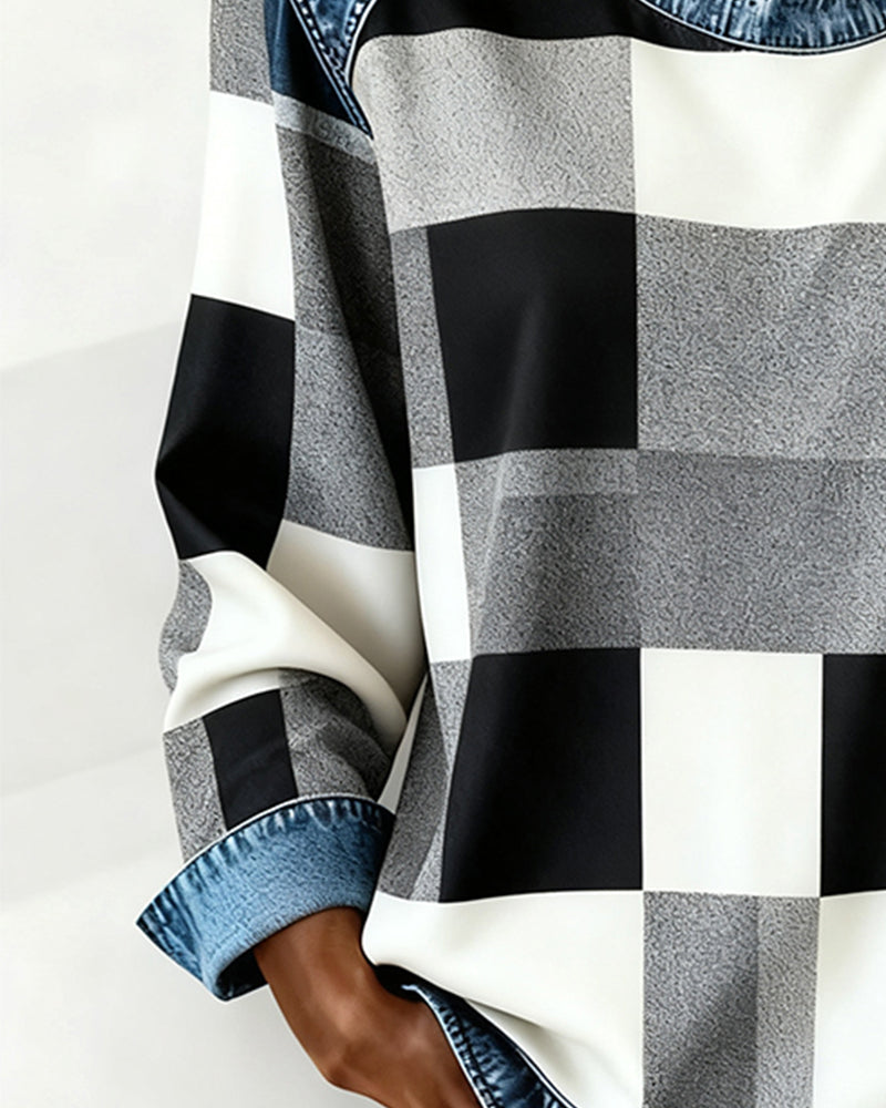 Joyce® | Sweatshirt with Check Patchwork and Contrast Color