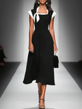 Women's Colorblock Square Neck Cap Shoulder Sleeve Waist Midi Dress