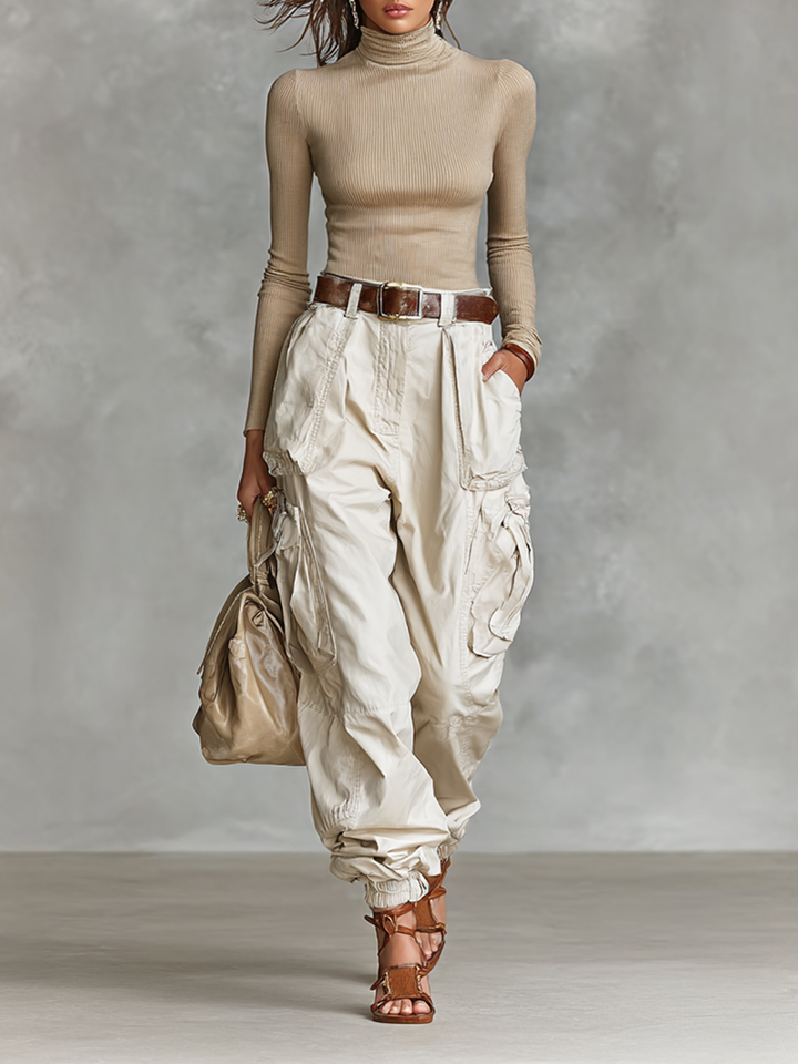 Women's Tight High Neck Long Sleeve T-shirt Multi-pocket Cargo Pants Two-piece Set (without Belt)MDA2456G9Y