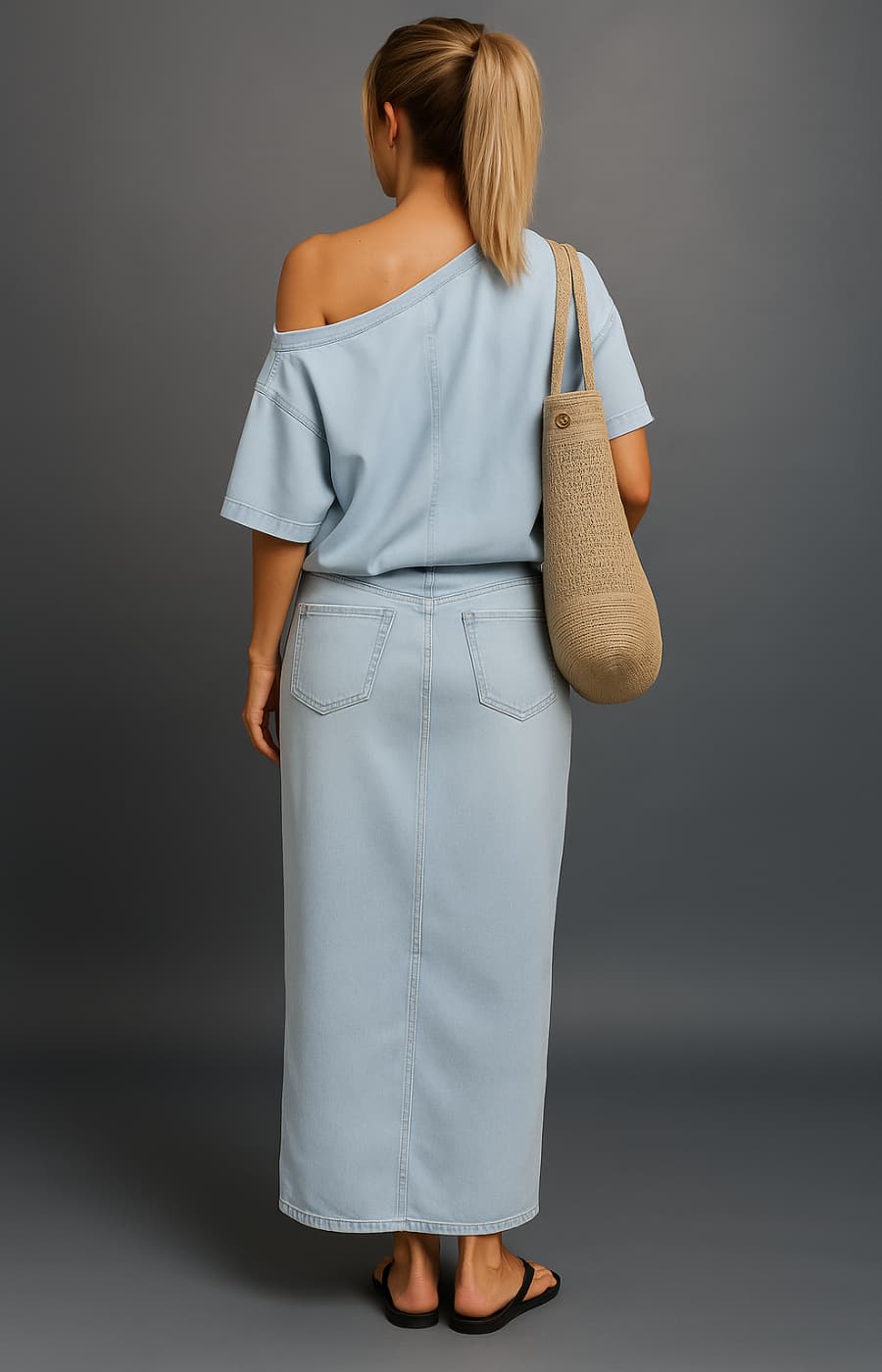 ARIANNA | CONJUNTO VAQUERO CON HOMBRO ASIMÉTRICO Y RAJAS ELEGANTES