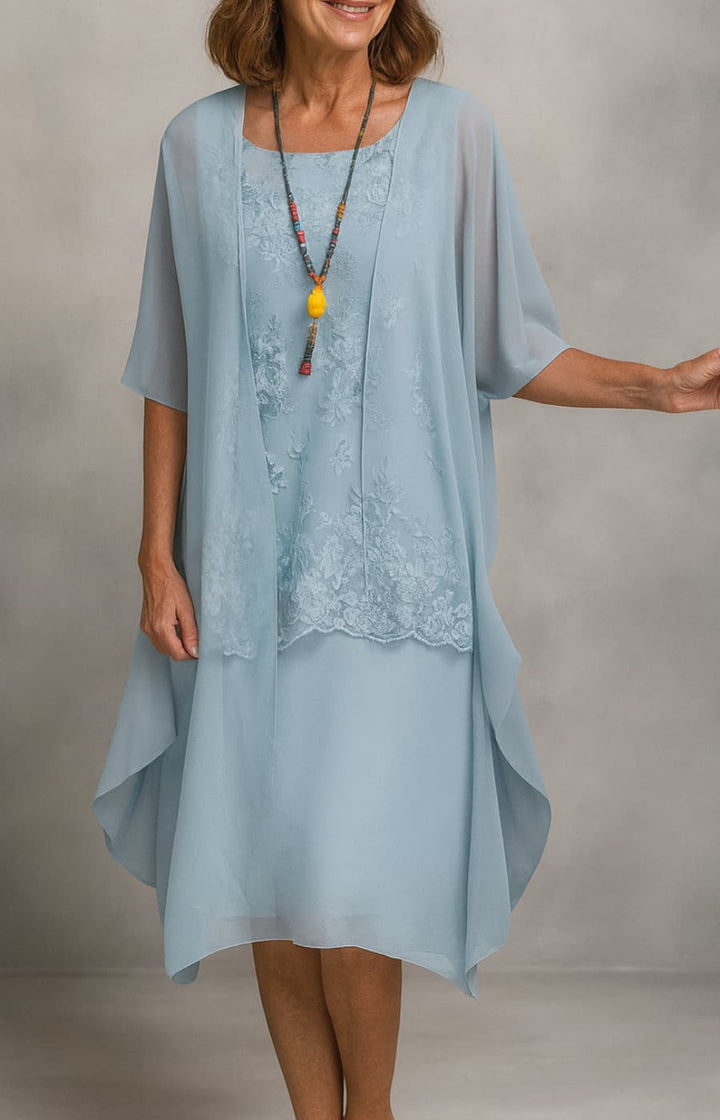 AURORA | VESTIDO CON ENCAJE Y ESTOLA FLUIDA