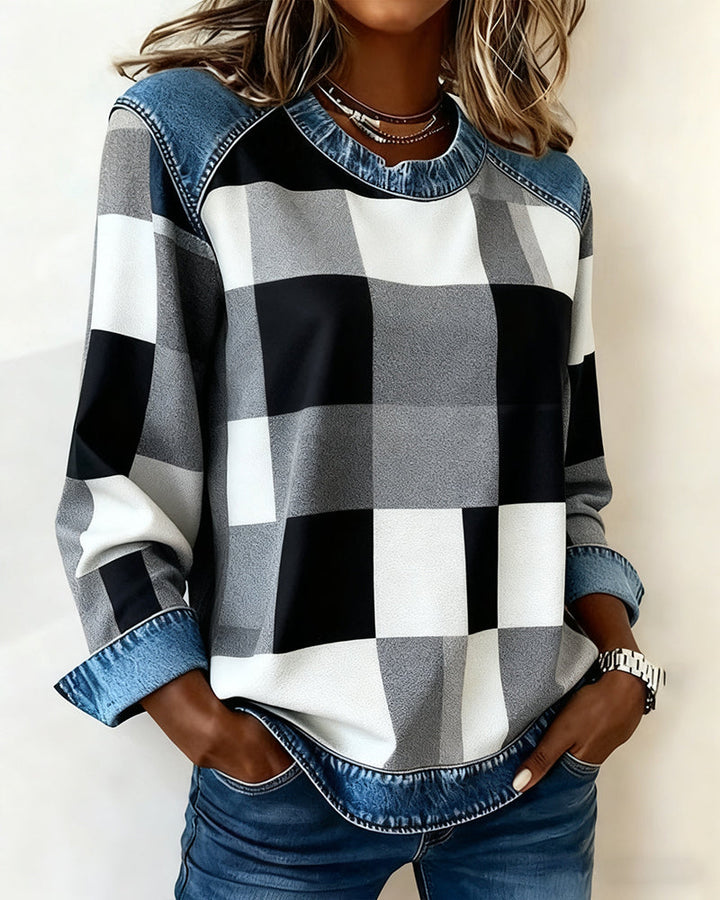 Joyce® | Sweatshirt with Check Patchwork and Contrast Color