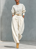 Women's Fashion Cotton And Linen Blend Crew Neck Long Sleeve Shirt Loose Trousers Set (belt Not Included)MDA2555G6Y