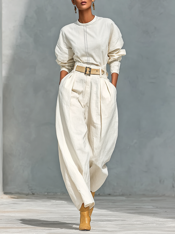 Women's Fashion Cotton And Linen Blend Crew Neck Long Sleeve Shirt Loose Trousers Set (belt Not Included)MDA2555G6Y