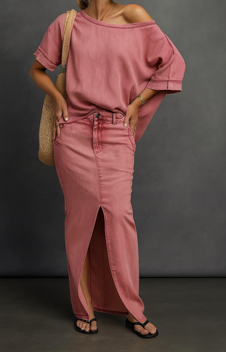 ARIANNA | CONJUNTO VAQUERO CON HOMBRO ASIMÉTRICO Y RAJAS ELEGANTES