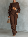 Women's Coffee-colored Short Top And Wide-leg Pants Knitted Set MDA3000G6T
