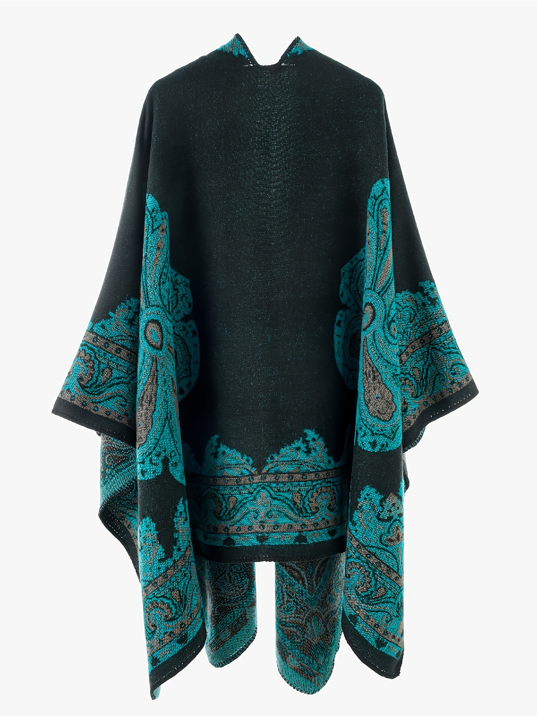 Women's Elegant Scottish Paisley Print Wrap Shawl Coat - Asymmetrical Long Sleeve All-Season Outerwear, Green & Brown Tartan Pattern, Versatile Travel & Formal Attire, Hand Washable Luxury Wrap Dress Accessory, Paisley Design with Green, Brown, and Golden