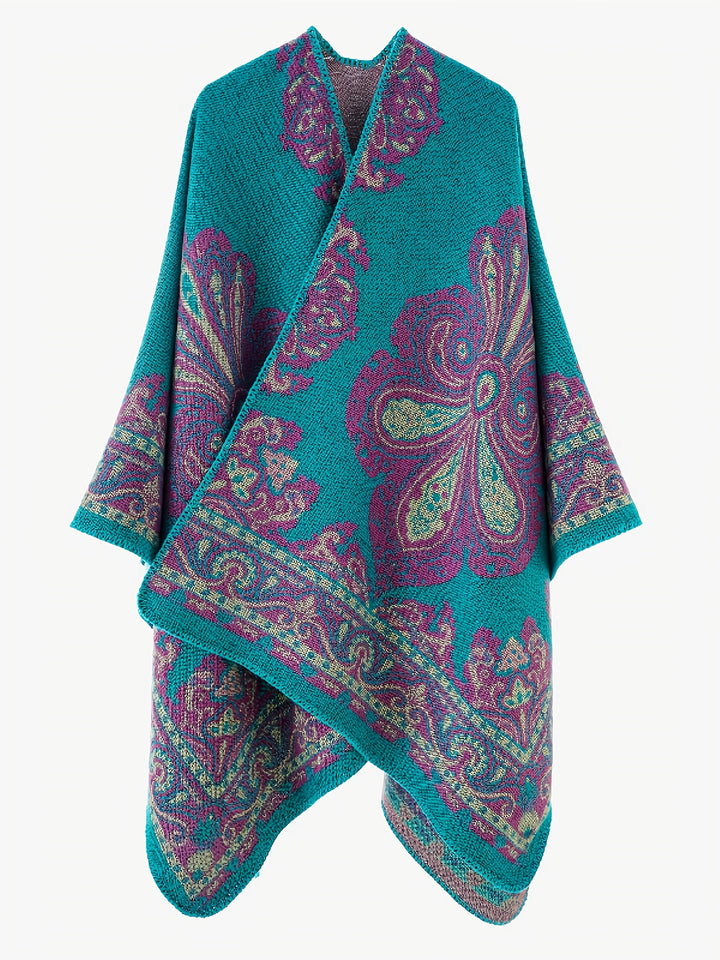 Women's Elegant Scottish Paisley Print Wrap Shawl Coat - Asymmetrical Long Sleeve All-Season Outerwear, Green & Brown Tartan Pattern, Versatile Travel & Formal Attire, Hand Washable Luxury Wrap Dress Accessory, Paisley Design with Green, Brown, and Golden