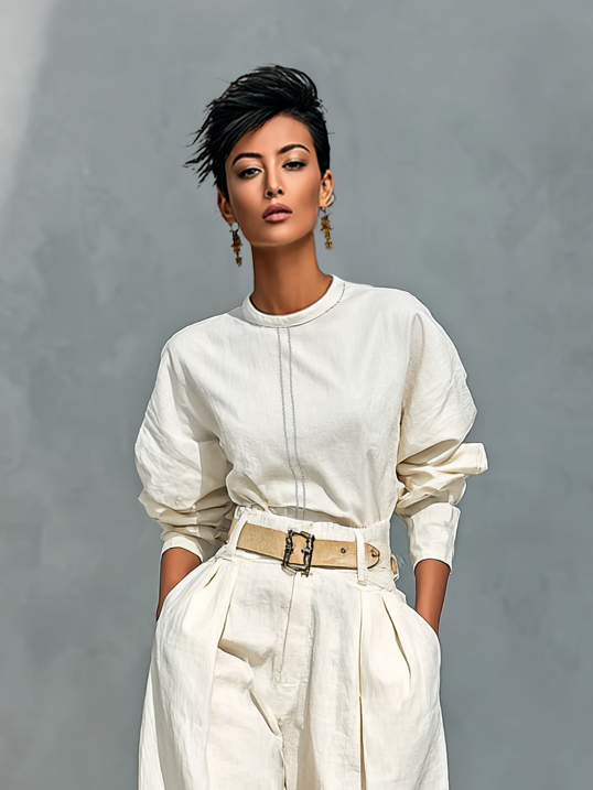 Women's Fashion Cotton And Linen Blend Crew Neck Long Sleeve Shirt Loose Trousers Set (belt Not Included)MDA2555G6Y