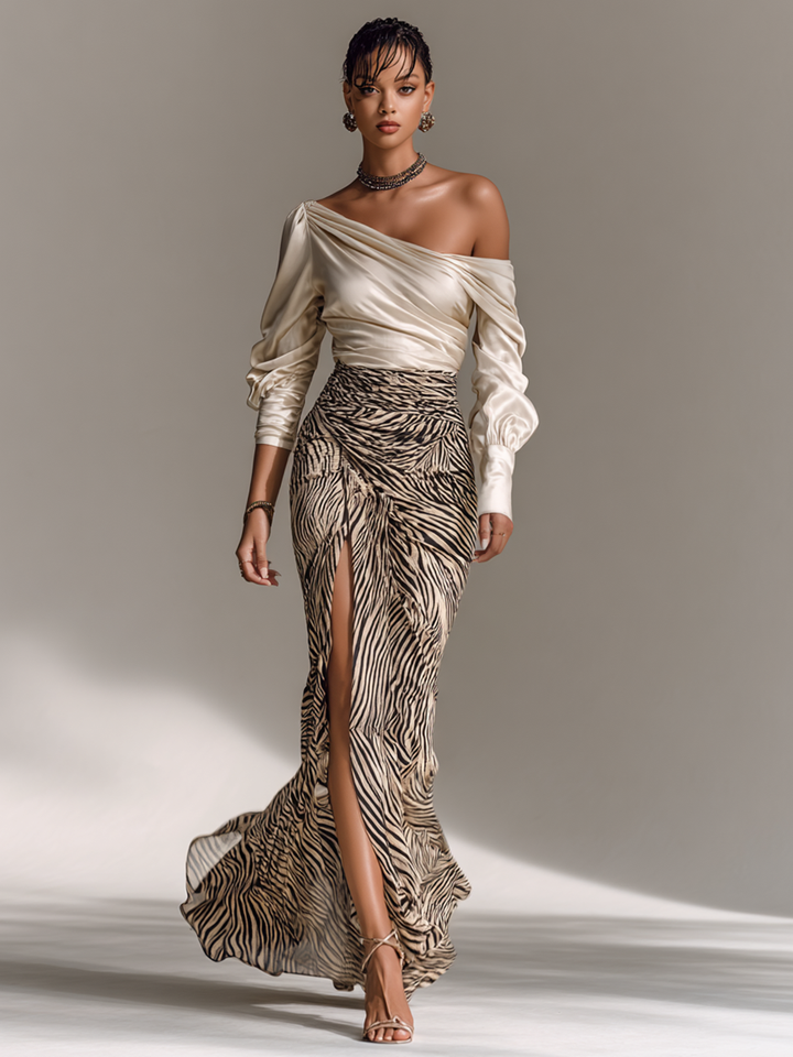 Women's Satin Off-shoulder Long-sleeved Top With Zebra Print Hip-wrapped Slit Skirt Two-piece Set MDA1632G5Y