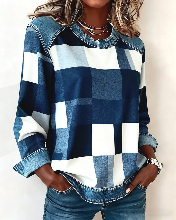 Joyce® | Sweatshirt with Check Patchwork and Contrast Color