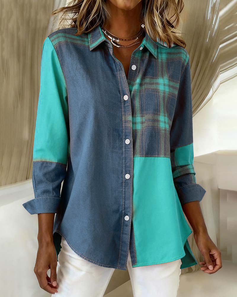 Cynthia® | Shirt with Notched Collar and Checked Contrast Design