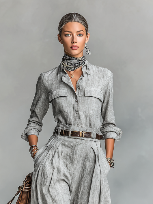 Women's Cotton-linen Blend Long-sleeved Shirt And Trousers Two-piece Set (belt Not Included)MDA3105G6Y