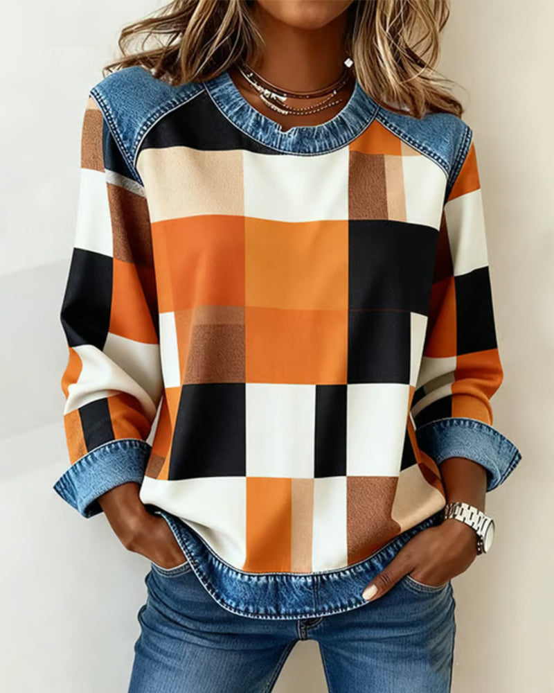 Joyce® | Sweatshirt with Check Patchwork and Contrast Color
