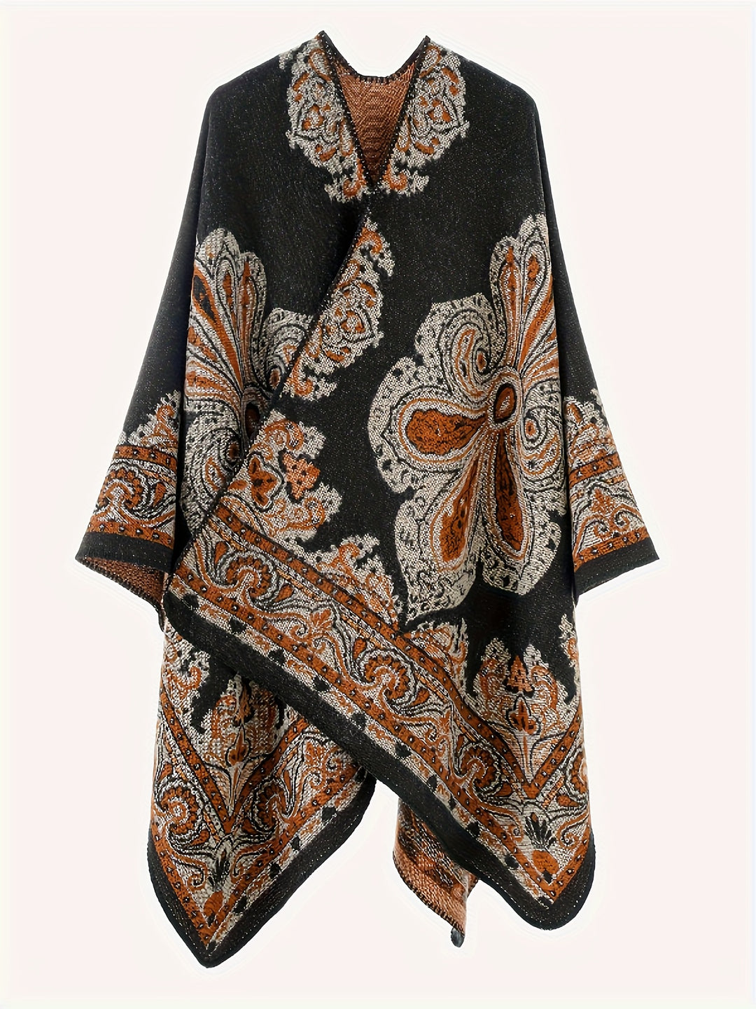 Women's Elegant Scottish Paisley Print Wrap Shawl Coat - Asymmetrical Long Sleeve All-Season Outerwear, Green & Brown Tartan Pattern, Versatile Travel & Formal Attire, Hand Washable Luxury Wrap Dress Accessory, Paisley Design with Green, Brown, and Golden