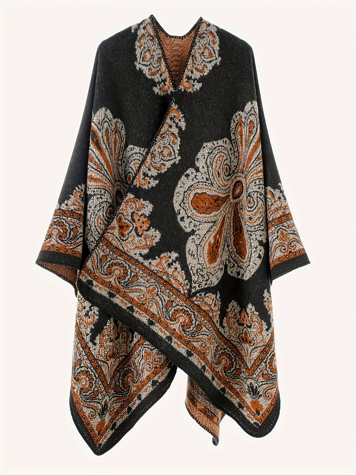 Women's Elegant Scottish Paisley Print Wrap Shawl Coat - Asymmetrical Long Sleeve All-Season Outerwear, Green & Brown Tartan Pattern, Versatile Travel & Formal Attire, Hand Washable Luxury Wrap Dress Accessory, Paisley Design with Green, Brown, and Golden