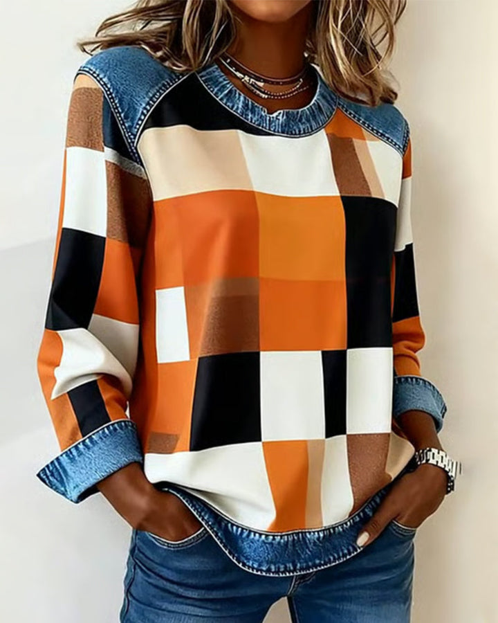 Joyce® | Sweatshirt with Check Patchwork and Contrast Color